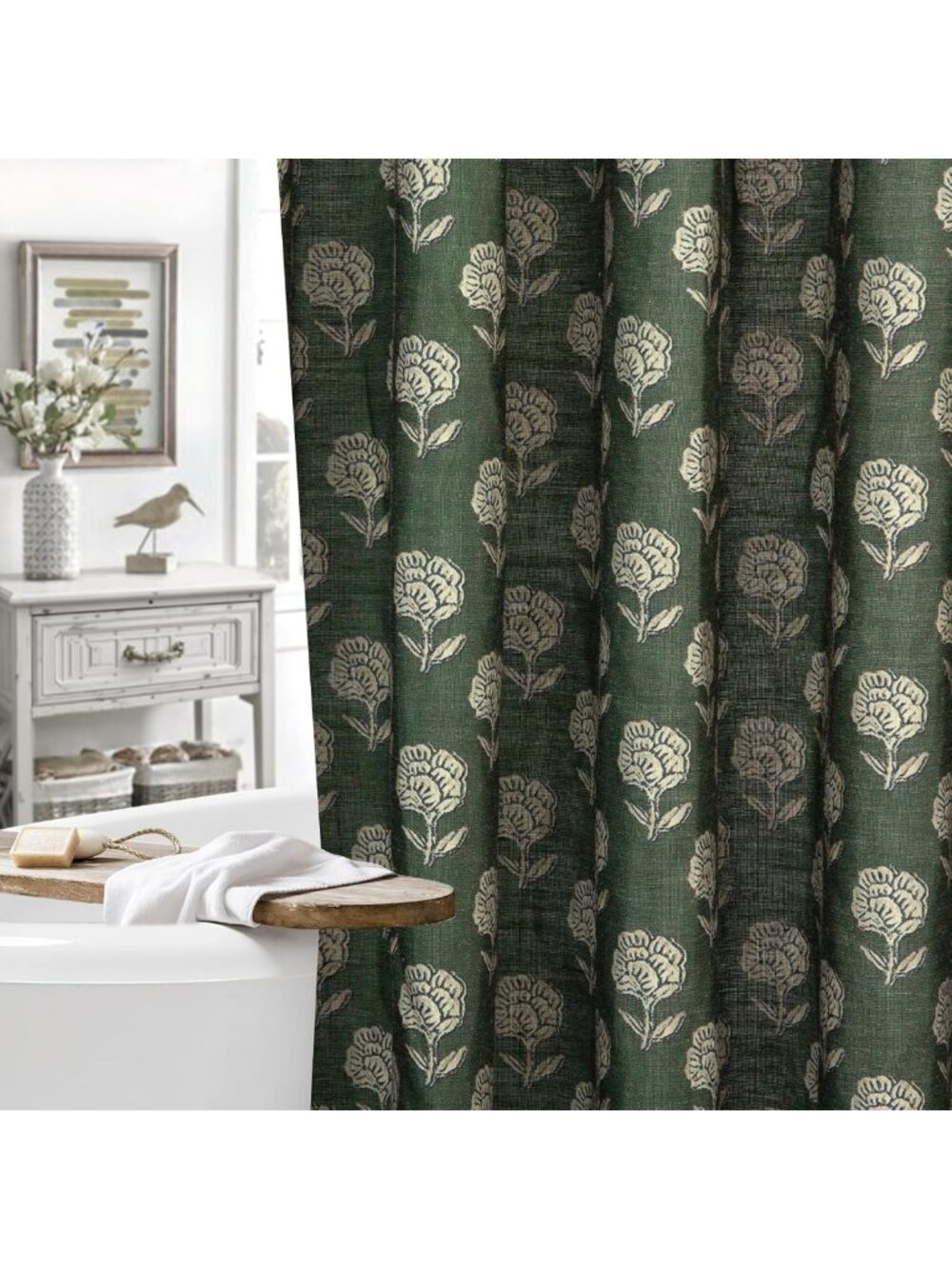 Vintage Green Floral Shower Curtain Set - Rustic Cottage Core Bathroom Decor